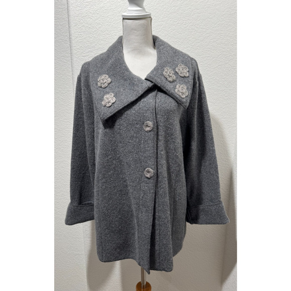 Vtg Pendleton Wool Front Snap Collar Jacket Women's Sz 2X Gray Floral Applique - Picture 1 of 12
